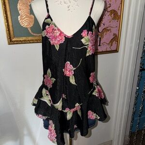 Floral Black Ruffle Hem Slip Dress